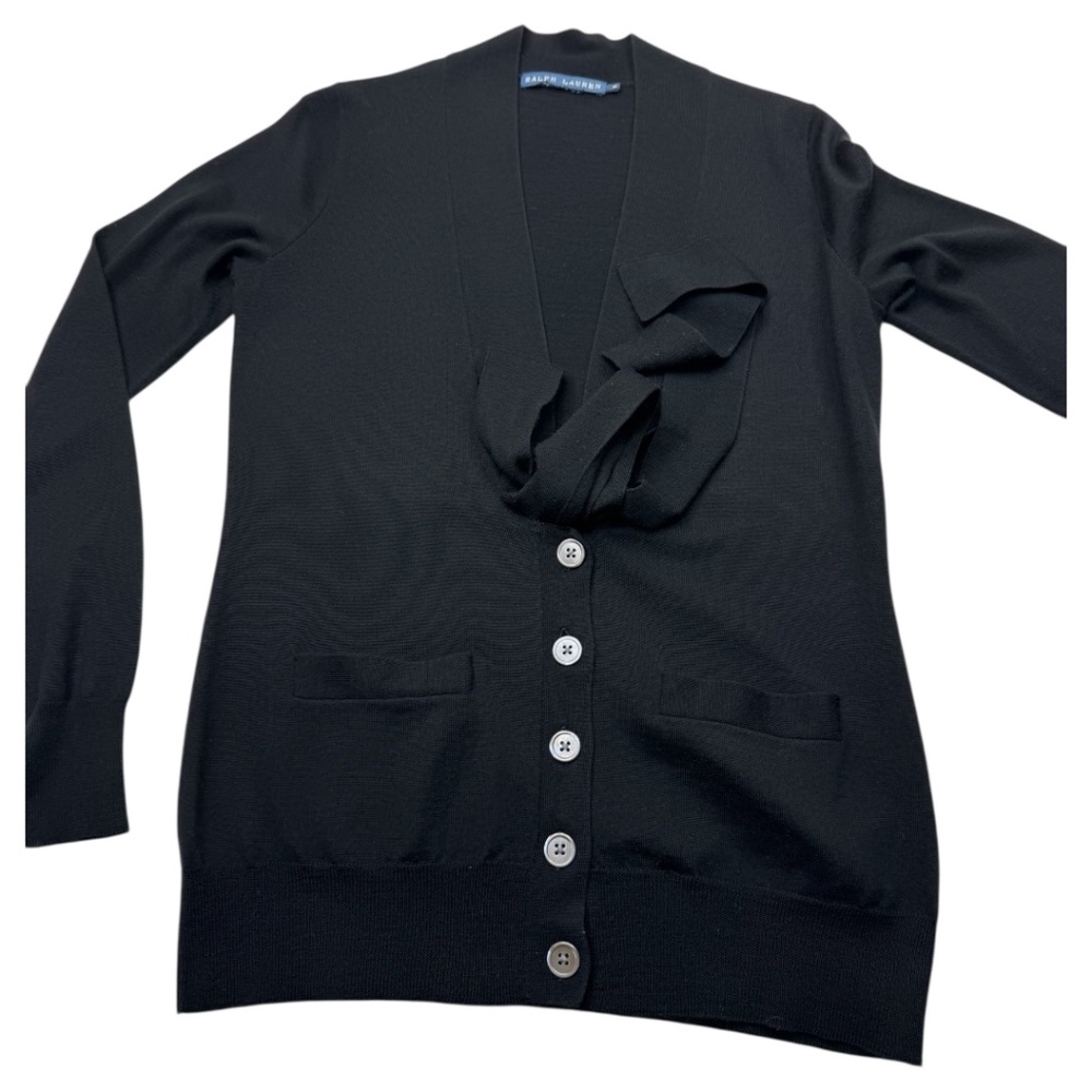 Ralph Lauren Blue Label Womens Black Tie Front Merino Wool Cardigan Sweater Sz M - Picture 7 of 13